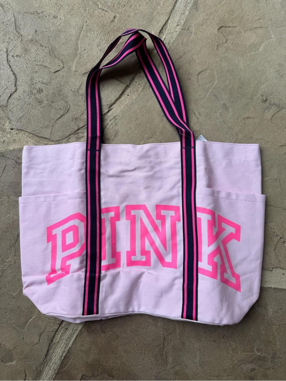 PINK Victoria's Secret, Light Pink, Canvas Tote with Navy-Striped Handles